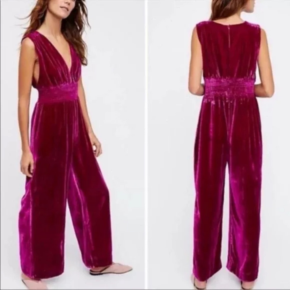 NWOT Free PeopleThese Days Raspberry Velvet Elastic Waist Wide Leg Jumpsuit